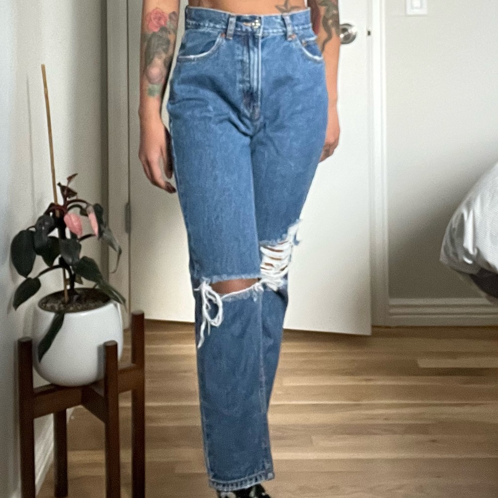Pull & Bear, High-waisted navy blue ripped, straight, jeans
